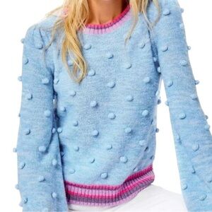 Lilly Pulitzer Verna Sweater Blue Pom-Pom with Pink Accents Size L